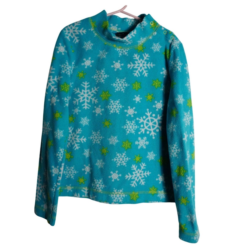 Faded Glory Fleece Top Size 8 Winter Snowflake Turquoise Blue Snap Neck